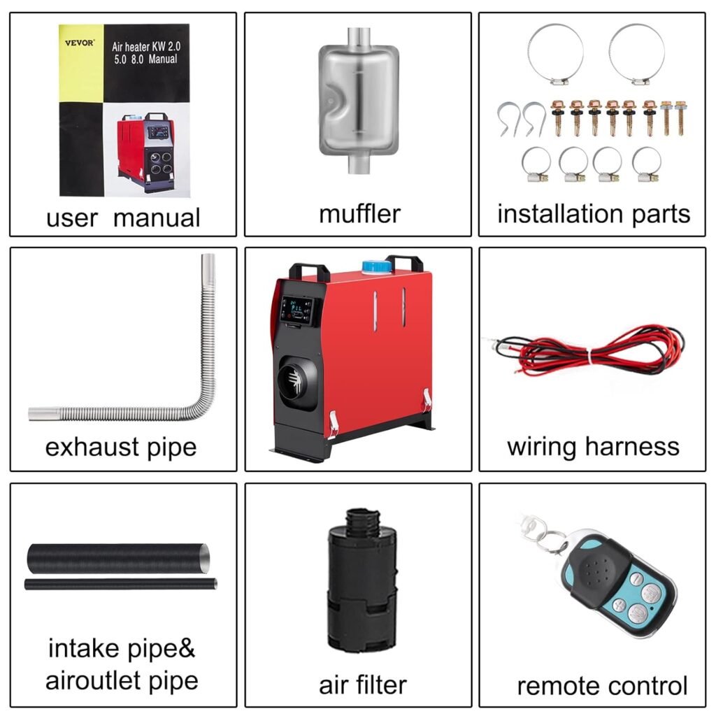 VEVOR Diesel Heater 12V Diesel Air Heater Muffler 8KW Diesel Air Heater with Remote Control LCD Thermostat Monitor for Car Trucks Motor-Home Boat and Bus