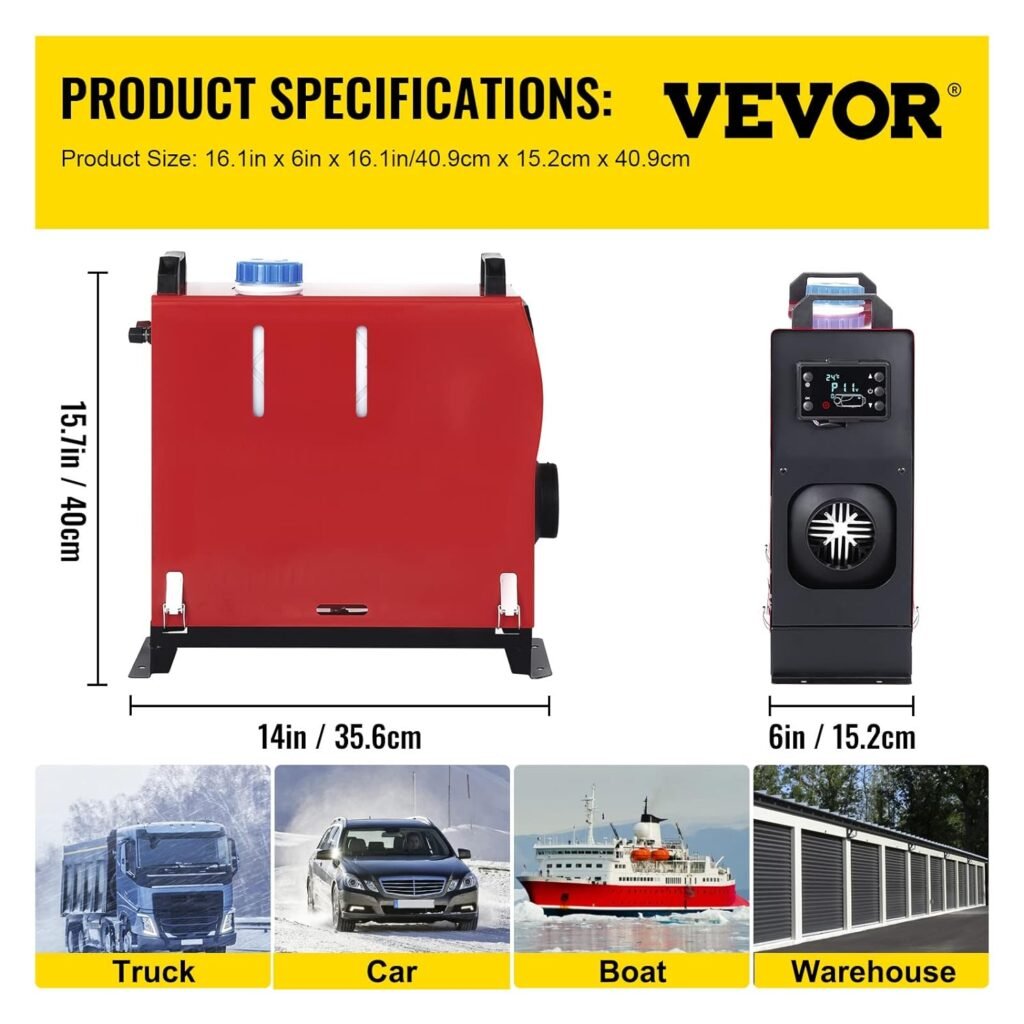 VEVOR Diesel Heater 12V Diesel Air Heater Muffler 8KW Diesel Air Heater with Remote Control LCD Thermostat Monitor for Car Trucks Motor-Home Boat and Bus